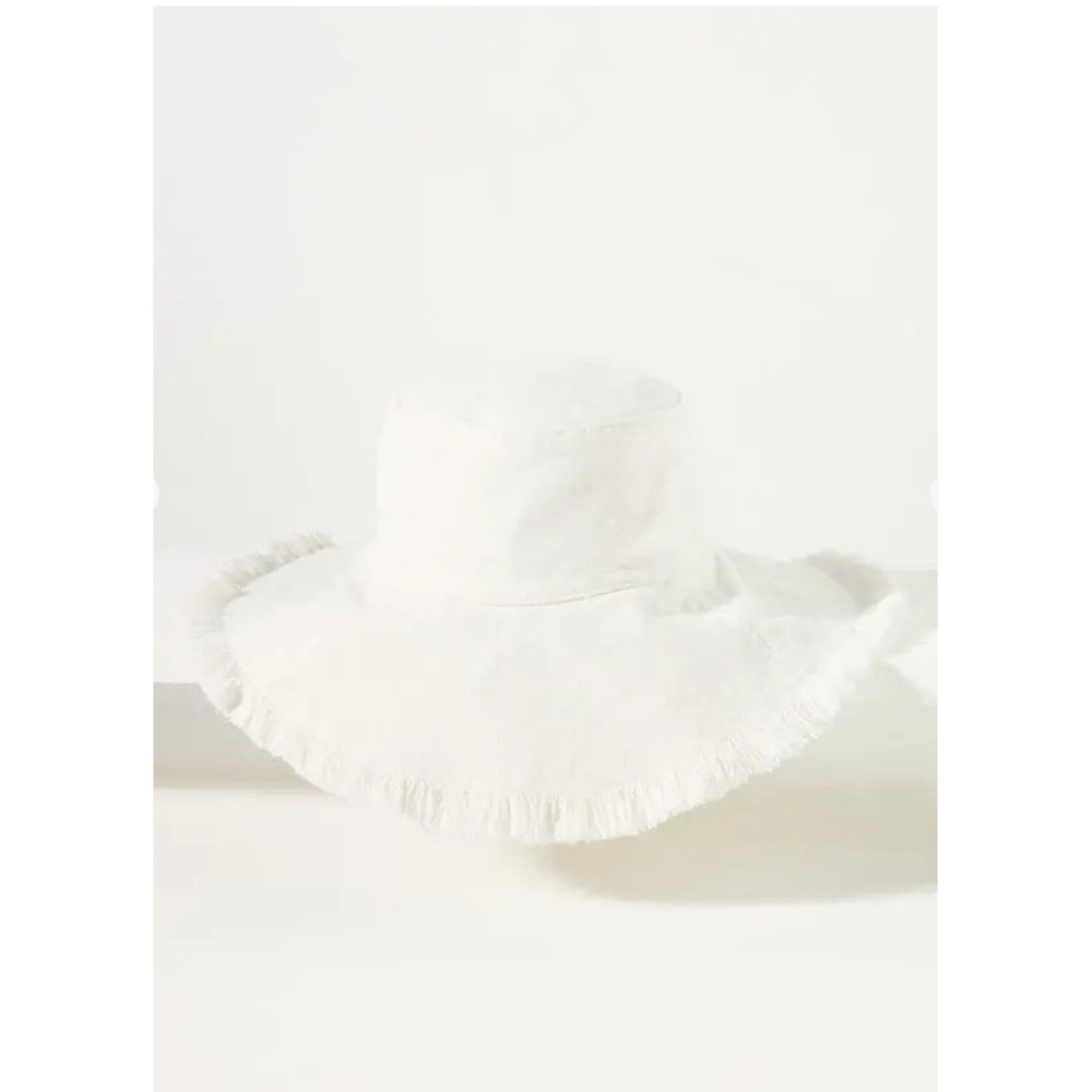 Anthropologie Sun Hat Frayed Fringe Creme Cotton Canvas Packable Travel Beach